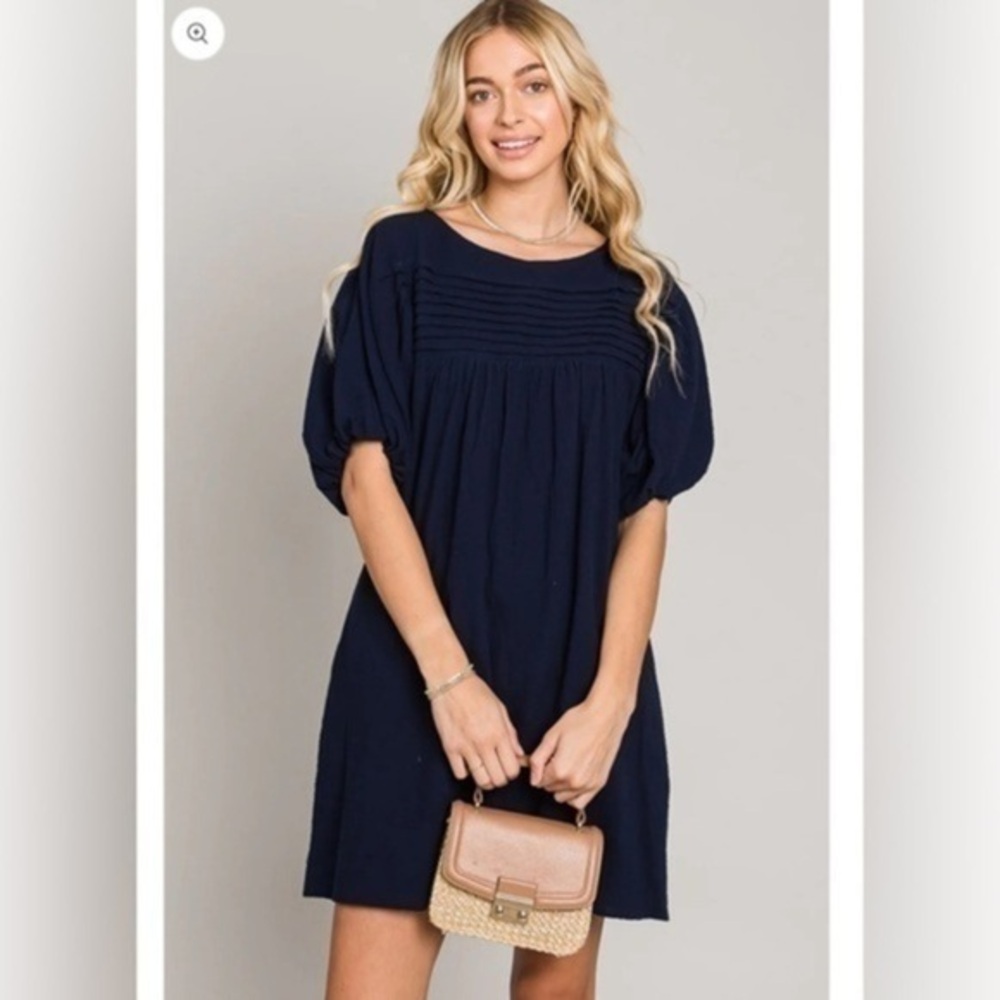 Allie Rose Women's Small Addison Blue 100% Cotton Puff Sleeve Shift Dress S